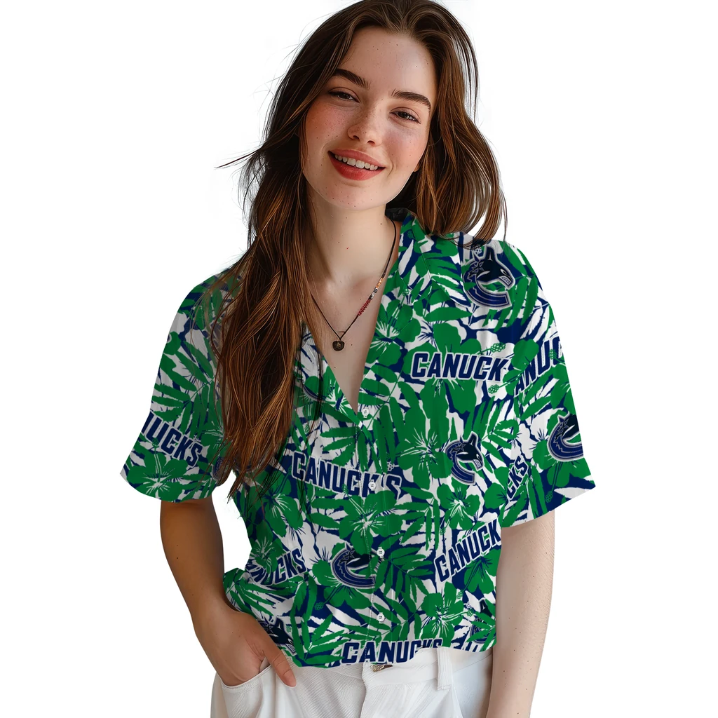 Vancouver Canucks Hawaiian Shirt - Hibiscus Overlay vancouver canucks hibiscus overlay hawaiian shirts latest model