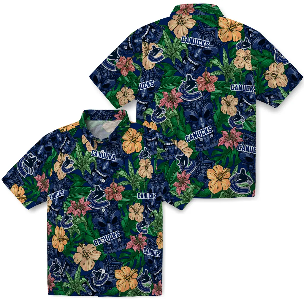 Vancouver Canucks Hawaiian Shirt - Hibiscus Tiki Jungle vancouver canucks tiki jungle blue hawaiian shirts high quality