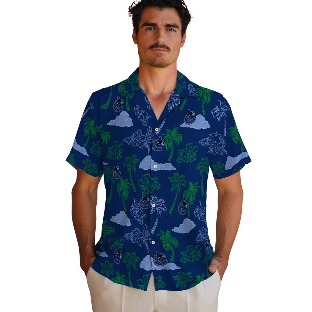 Vancouver Canucks Hawaiian Shirt - Palm And Clouds vancouver canucks palm and clouds blue hawaiian shirts fashion forward