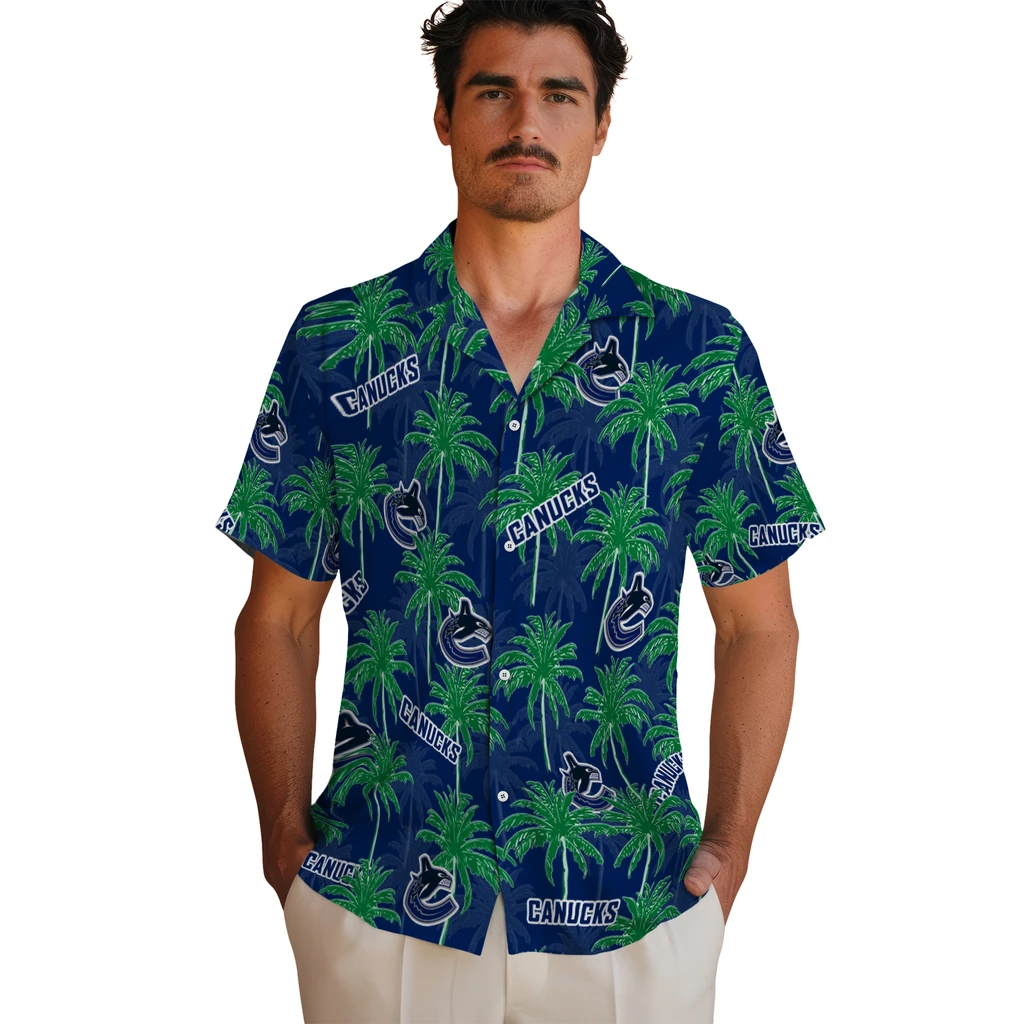 Vancouver Canucks Hawaiian Shirt - Palm Tree Motif vancouver canucks palm grove blue hawaiian shirts fashion forward