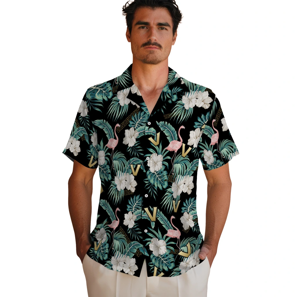 Vanderbilt Commodores Hawaiian Shirt - Flamingo and Hibiscus vanderbilt commodores flamingo palms black hawaiian shirts fashion forward