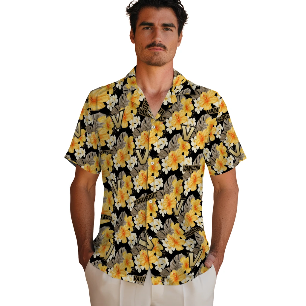 Vanderbilt Commodores Hawaiian Shirt - Hibiscus Tropics vanderbilt commodores hibiscus tropics black yellow hawaiian shirts fashion forward