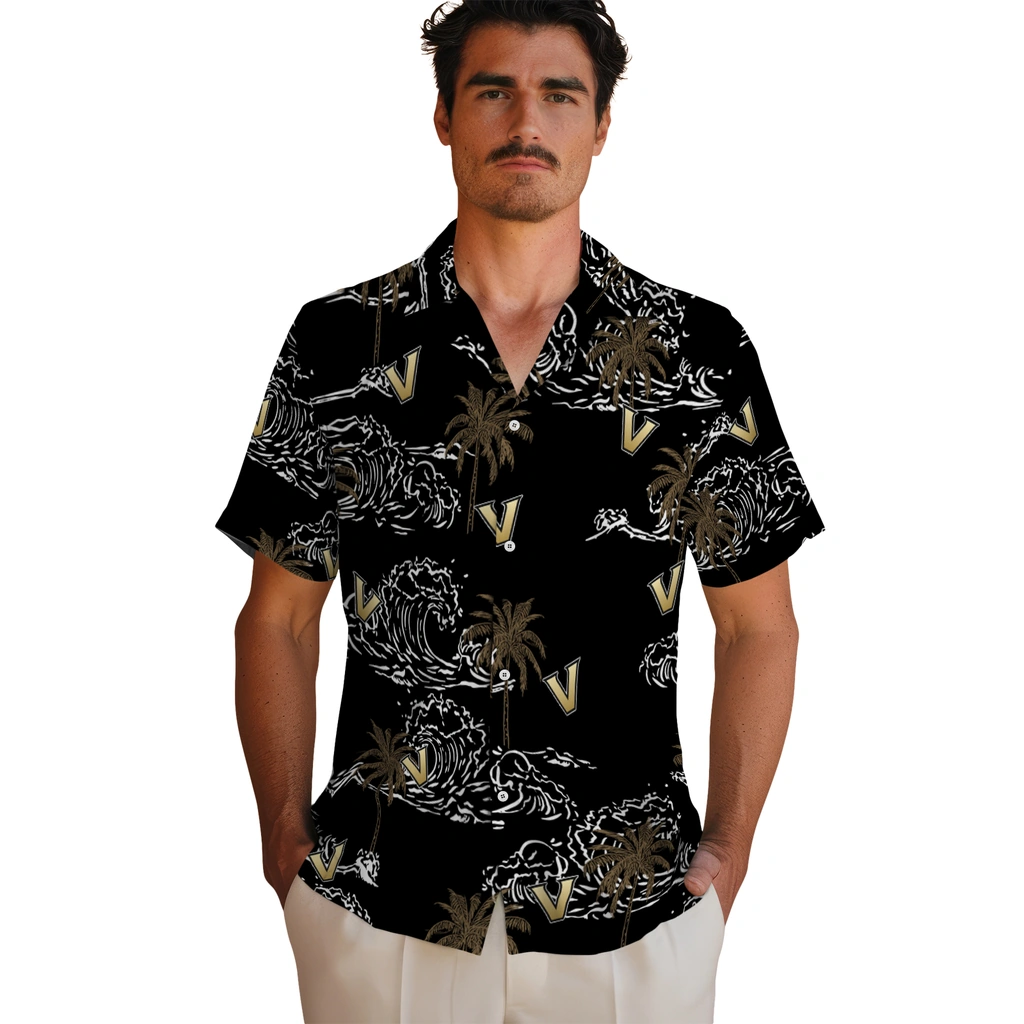 Vanderbilt Commodores Hawaiian Shirt - Wave Palm vanderbilt commodores wave palm black hawaiian shirts fashion forward
