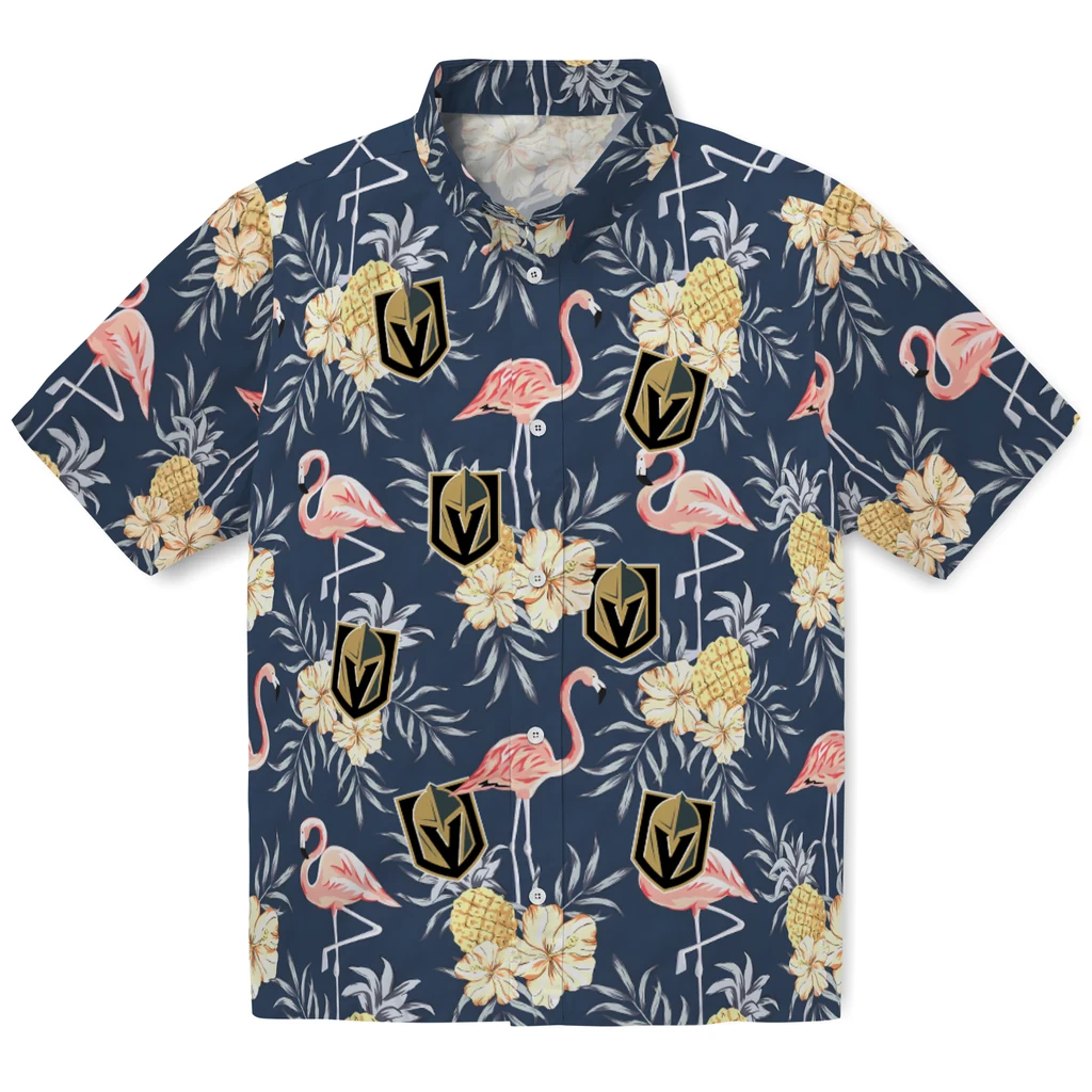 Vegas Golden Knights Hawaiian Shirt - Flamingo Hibiscus vegas golden knights flamingo hibiscus navy hawaiian shirts best selling