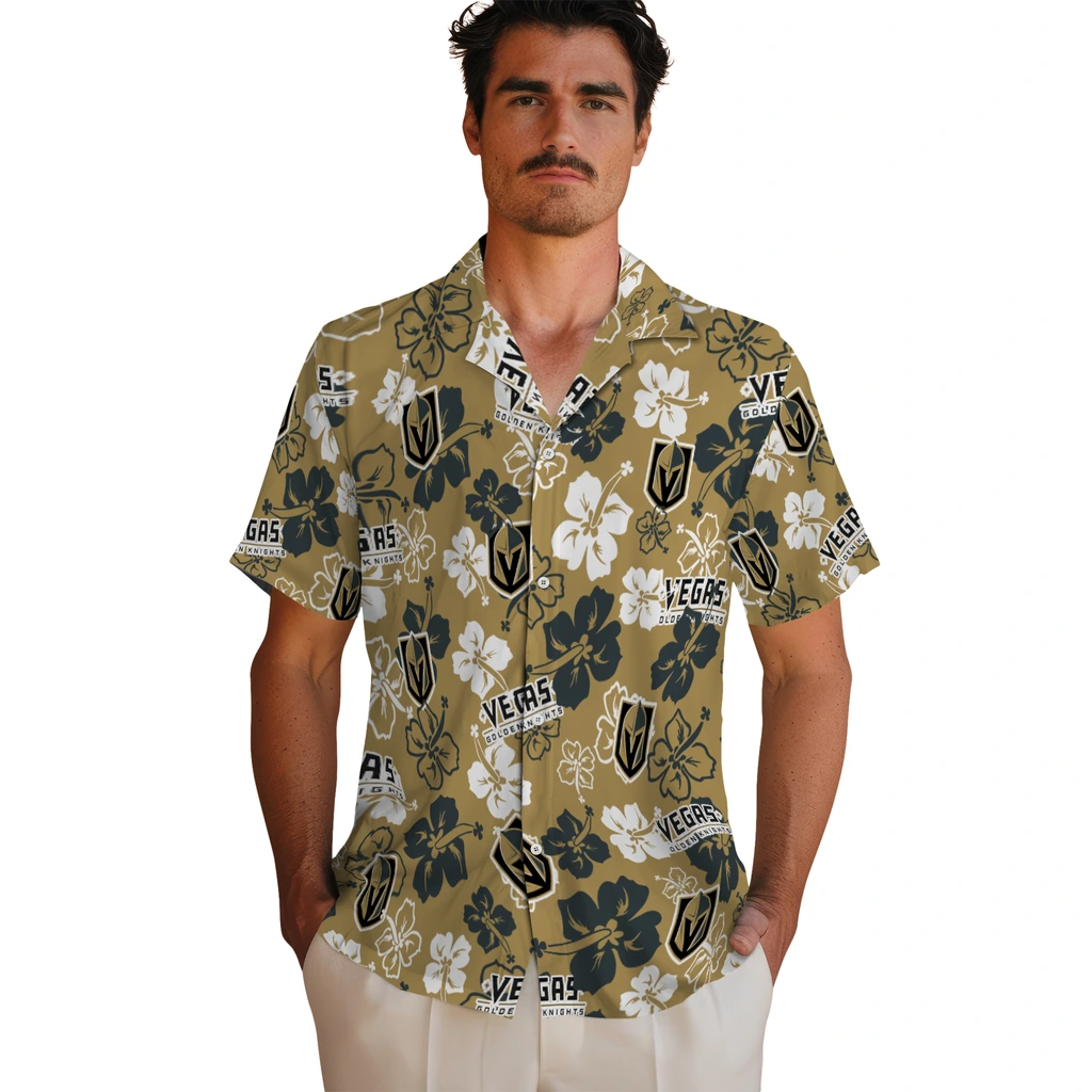 Vegas Golden Knights Hawaiian Shirt - Hibiscus Flower Design vegas golden knights hibiscus bloom tan hawaiian shirts fashion forward
