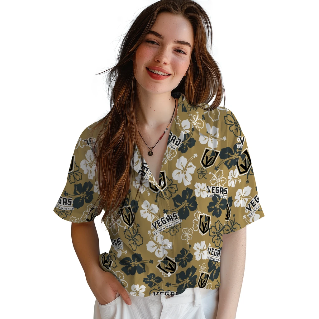 Vegas Golden Knights Hawaiian Shirt - Hibiscus Flower Design vegas golden knights hibiscus bloom tan hawaiian shirts latest model