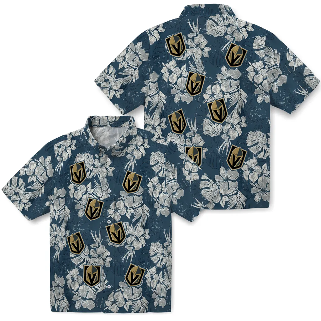 Vegas Golden Knights Hawaiian Shirt - Hibiscus Flowers vegas golden knights hibiscus flowers navy blue hawaiian shirts high quality