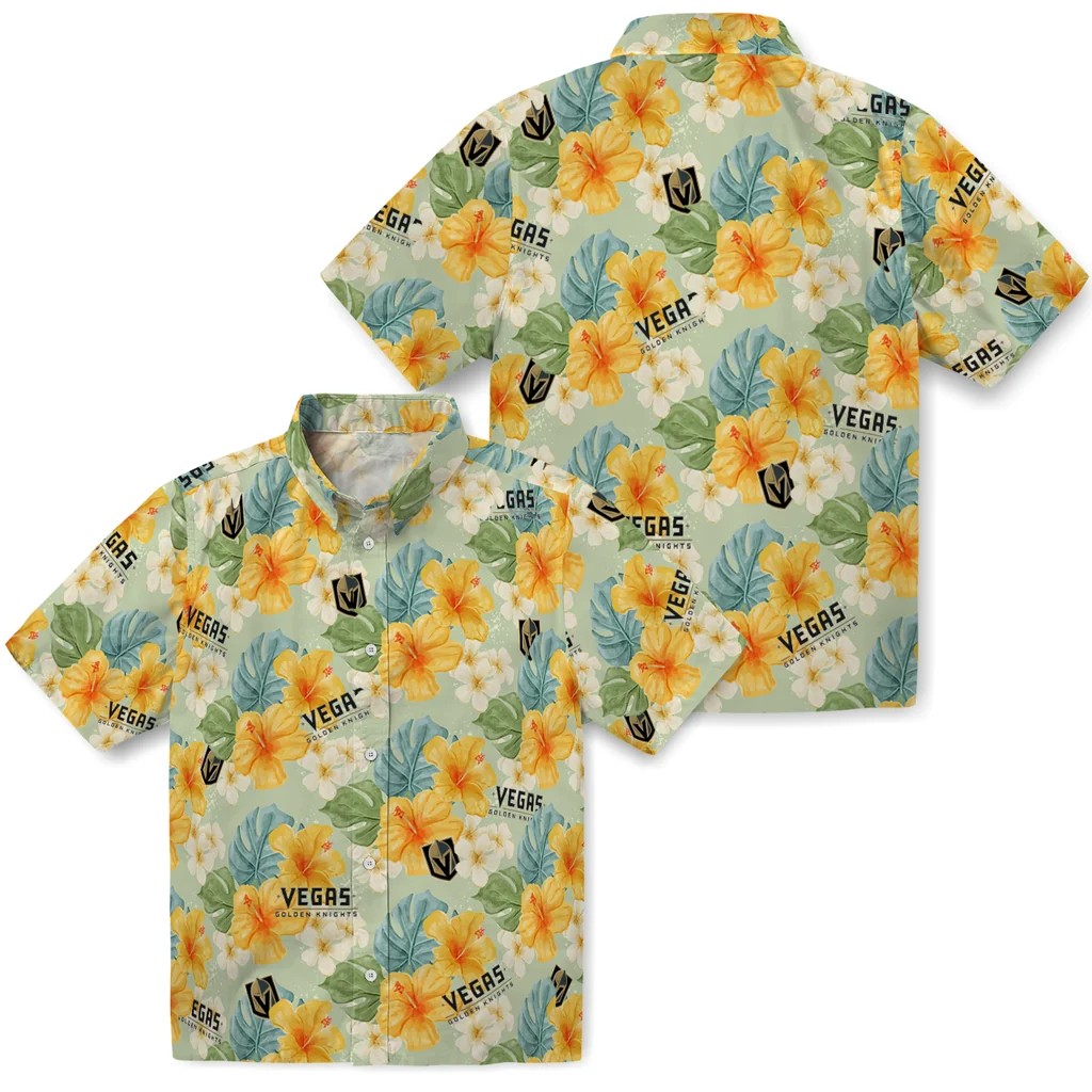 Vegas Golden Knights Hawaiian Shirt - Hibiscus Mood vegas golden knights hibiscus mood pale lime yellow hawaiian shirts high quality