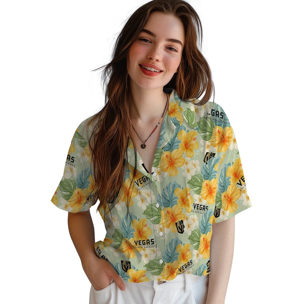 Vegas Golden Knights Hawaiian Shirt - Hibiscus Mood vegas golden knights hibiscus mood pale lime yellow hawaiian shirts latest model