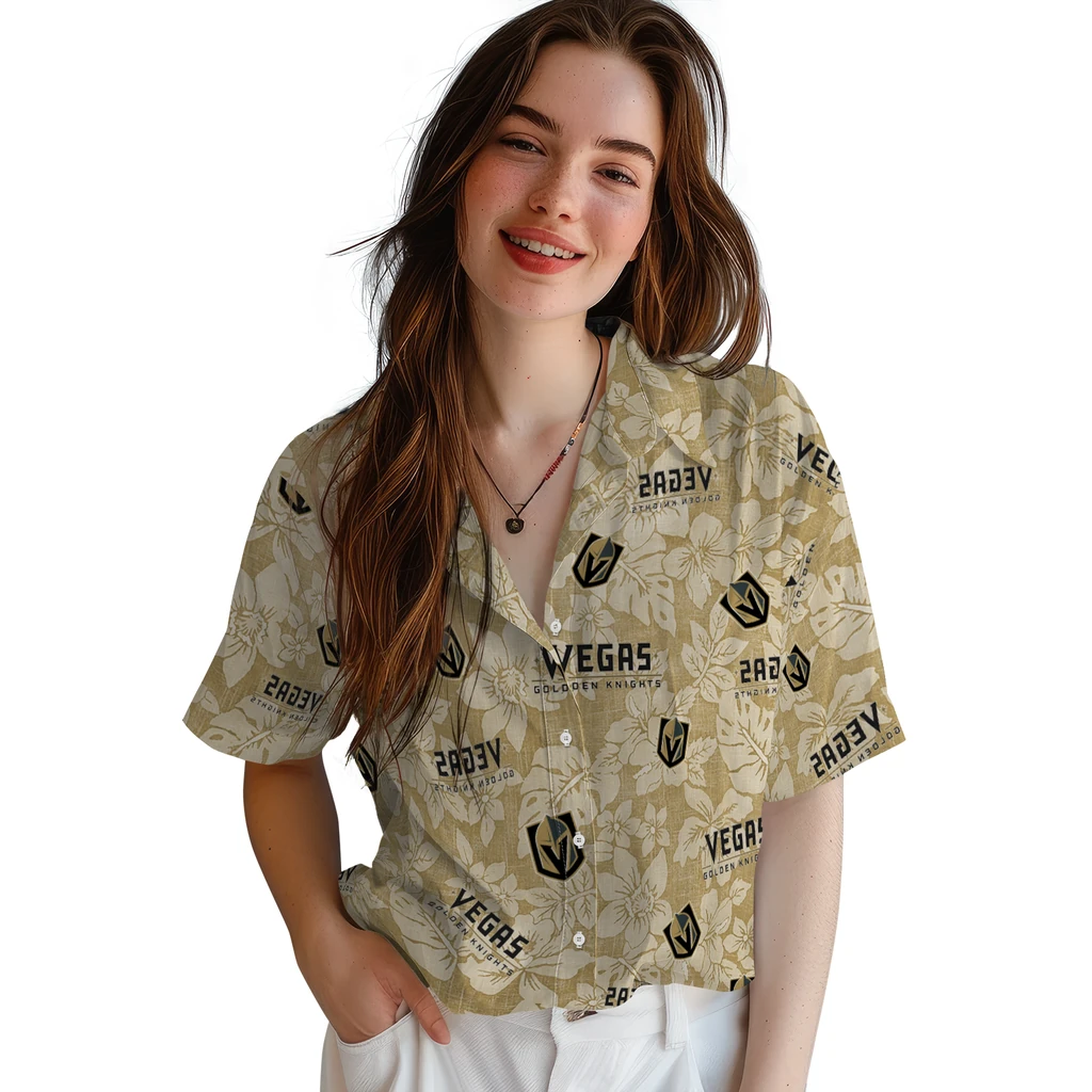 Vegas Golden Knights Hawaiian Shirt - Hibiscus Oasis vegas golden knights hibiscus oasis tan hawaiian shirts latest model