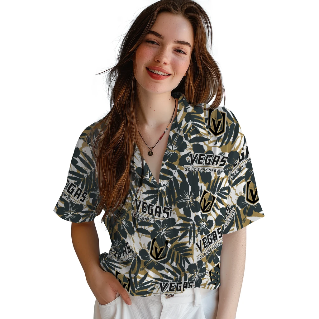 Vegas Golden Knights Hawaiian Shirt - Hibiscus Overlay vegas golden knights hibiscus overlay hawaiian shirts latest model