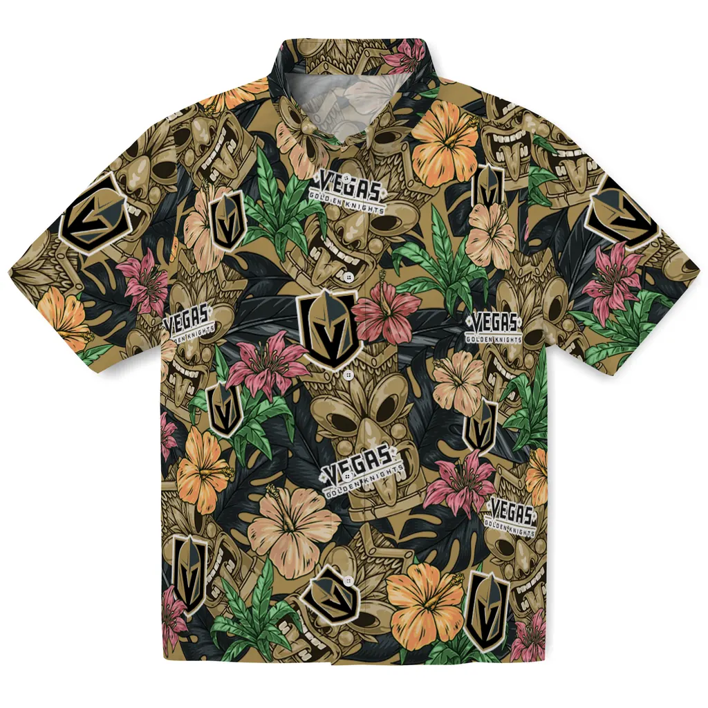 Vegas Golden Knights Hawaiian Shirt - Hibiscus Tiki Jungle vegas golden knights tiki jungle tan hawaiian shirts best selling