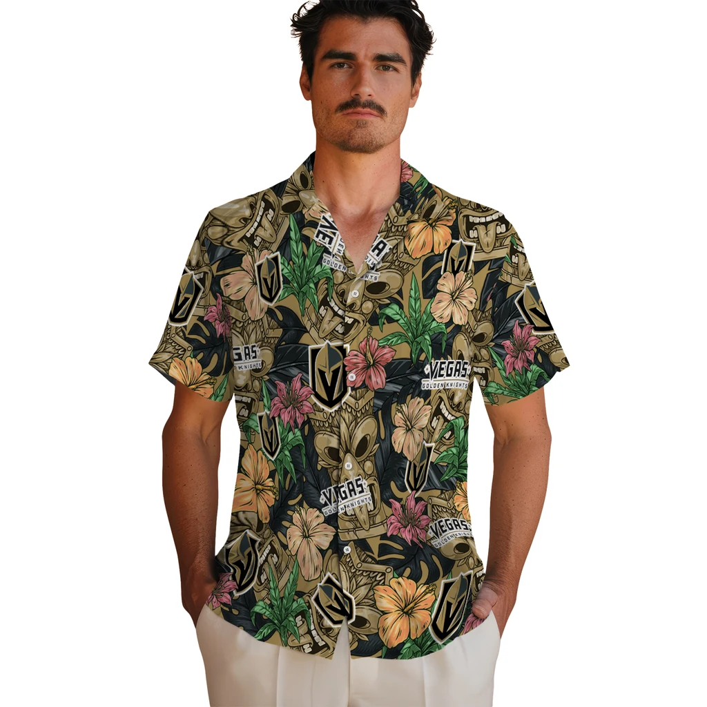 Vegas Golden Knights Hawaiian Shirt - Hibiscus Tiki Jungle vegas golden knights tiki jungle tan hawaiian shirts fashion forward