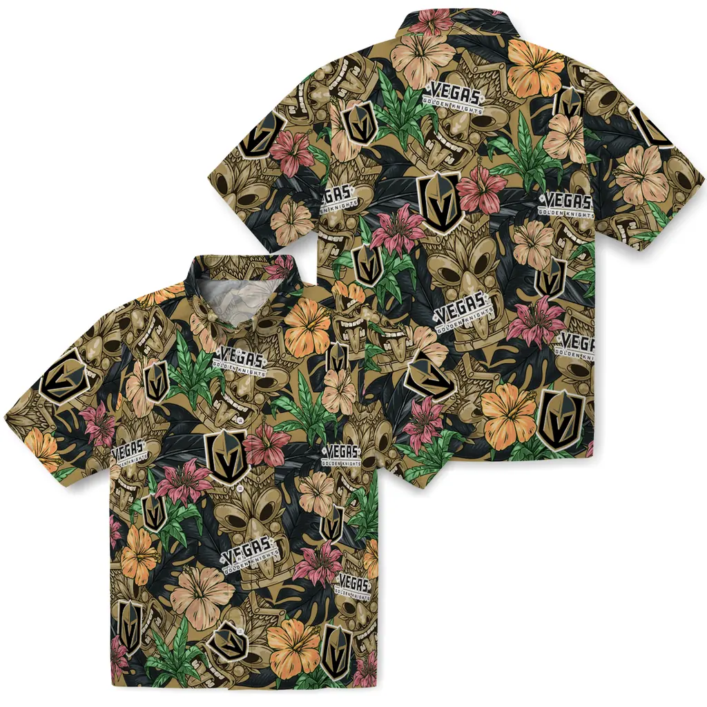 Vegas Golden Knights Hawaiian Shirt - Hibiscus Tiki Jungle vegas golden knights tiki jungle tan hawaiian shirts high quality