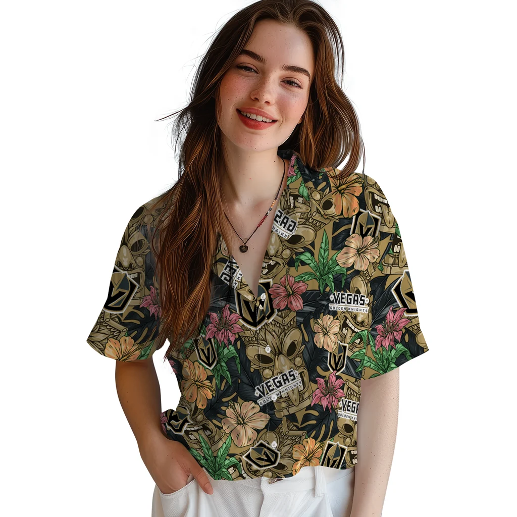 Vegas Golden Knights Hawaiian Shirt - Hibiscus Tiki Jungle vegas golden knights tiki jungle tan hawaiian shirts latest model