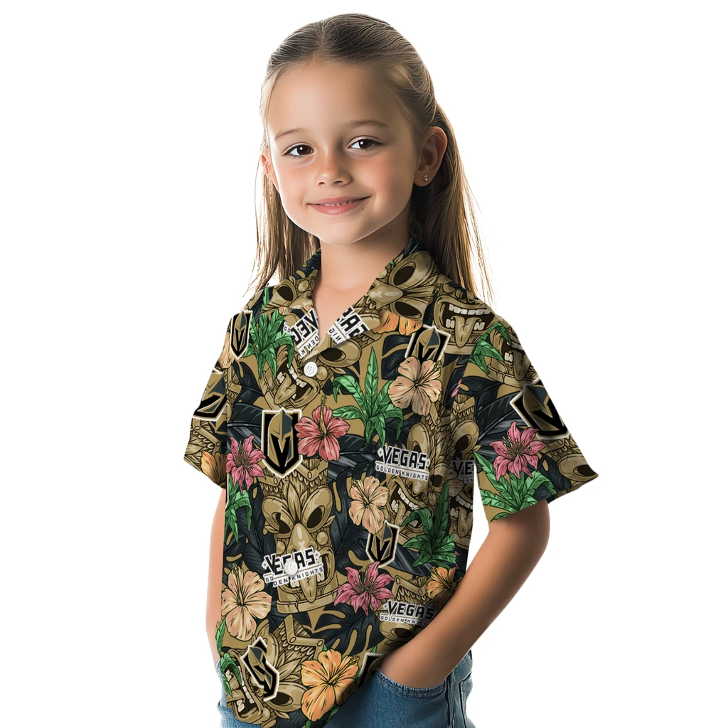 Vegas Golden Knights Hawaiian Shirt - Hibiscus Tiki Jungle vegas golden knights tiki jungle tan hawaiian shirts premium grade