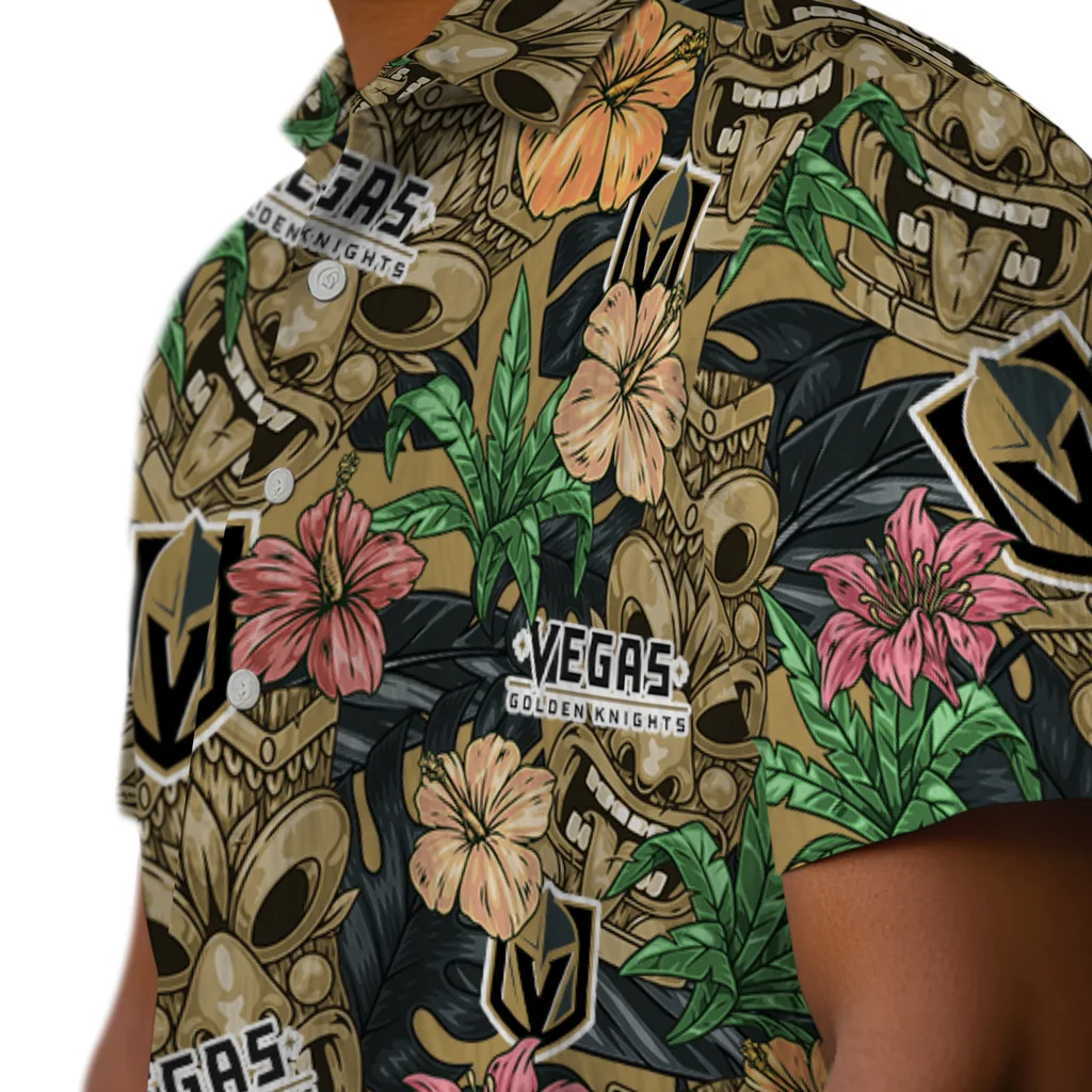 Vegas Golden Knights Hawaiian Shirt - Hibiscus Tiki Jungle vegas golden knights tiki jungle tan hawaiian shirts trendy