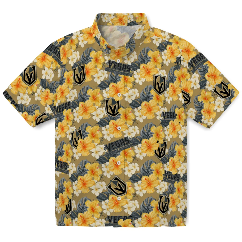 Vegas Golden Knights Hawaiian Shirt - Hibiscus Tropics vegas golden knights hibiscus tropics tan yellow hawaiian shirts best selling