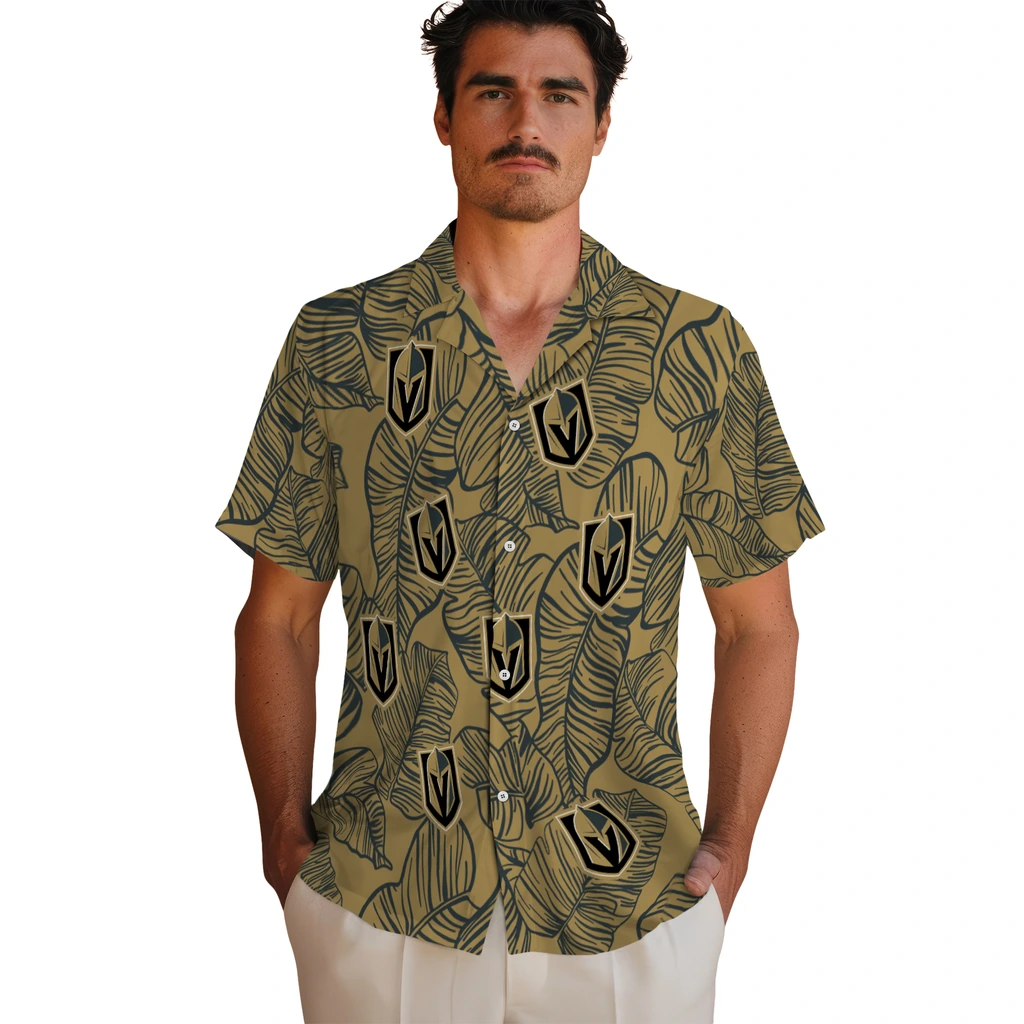Vegas Golden Knights Hawaiian Shirt - Leaf Outline vegas golden knights leaf outline tan hawaiian shirts fashion forward