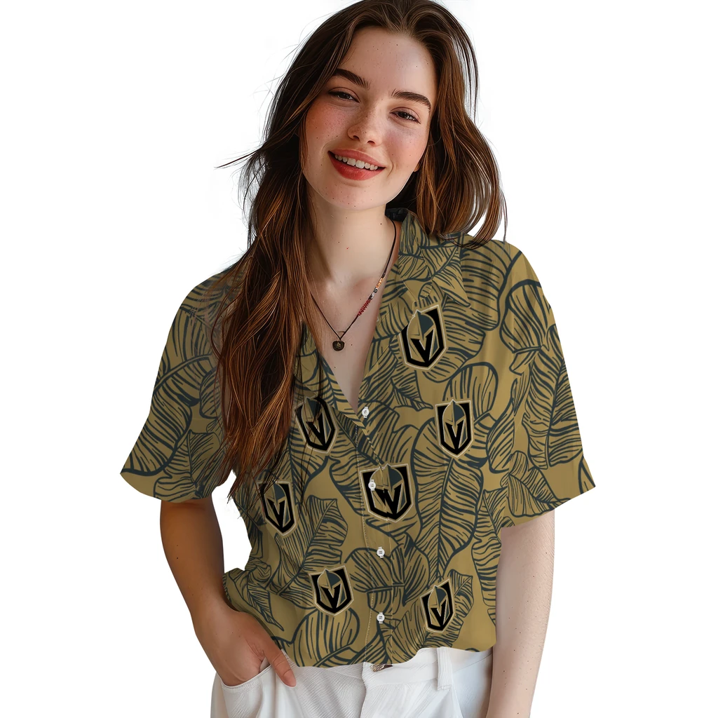Vegas Golden Knights Hawaiian Shirt - Leaf Outline vegas golden knights leaf outline tan hawaiian shirts latest model