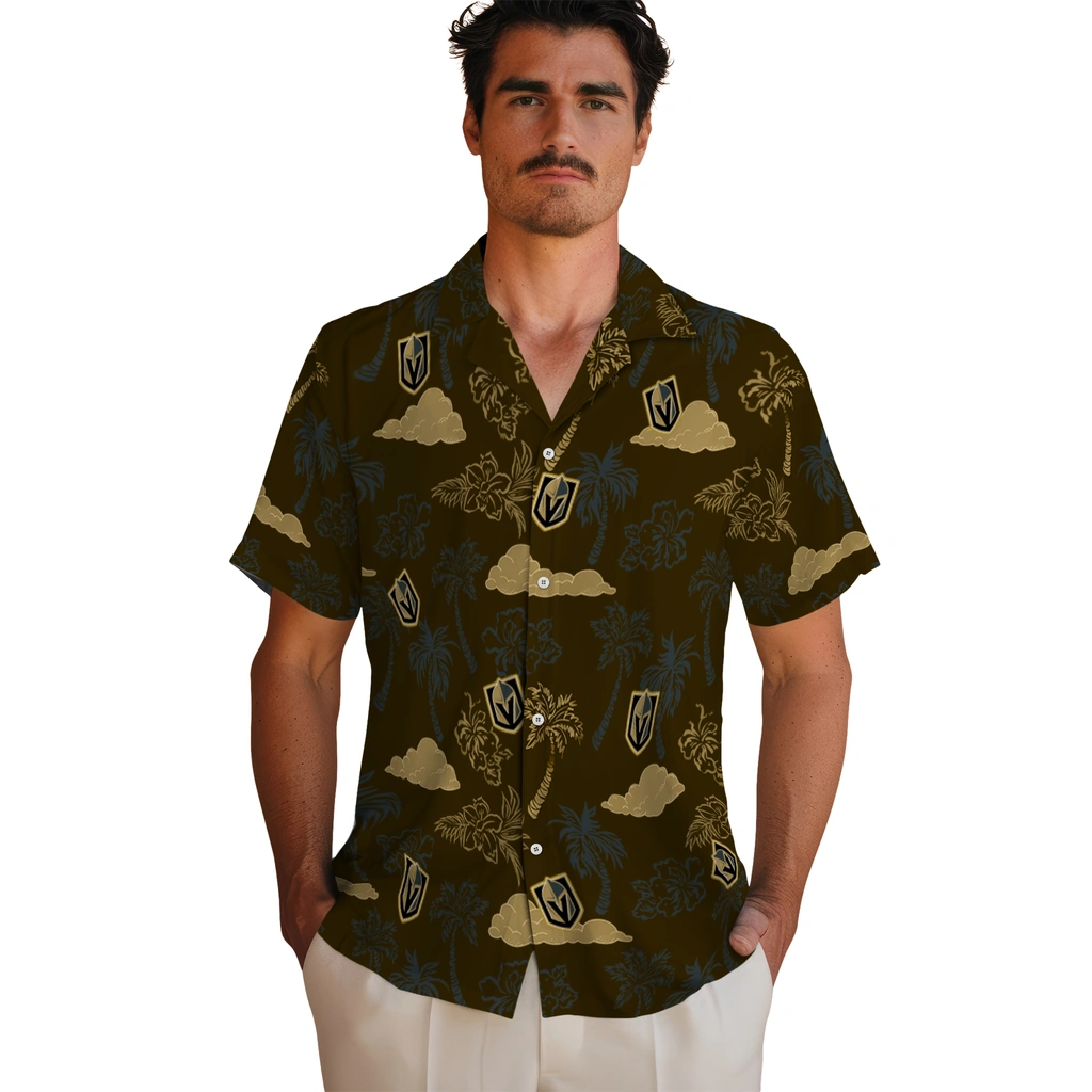 Vegas Golden Knights Hawaiian Shirt - Palm And Clouds vegas golden knights palm and clouds tan hawaiian shirts fashion forward