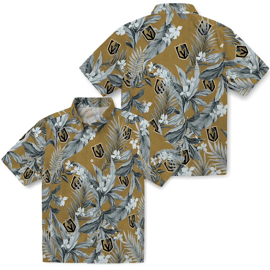Vegas Golden Knights Hawaiian Shirt - Palm Leaves vegas golden knights palm leaves tan hawaiian shirts high quality