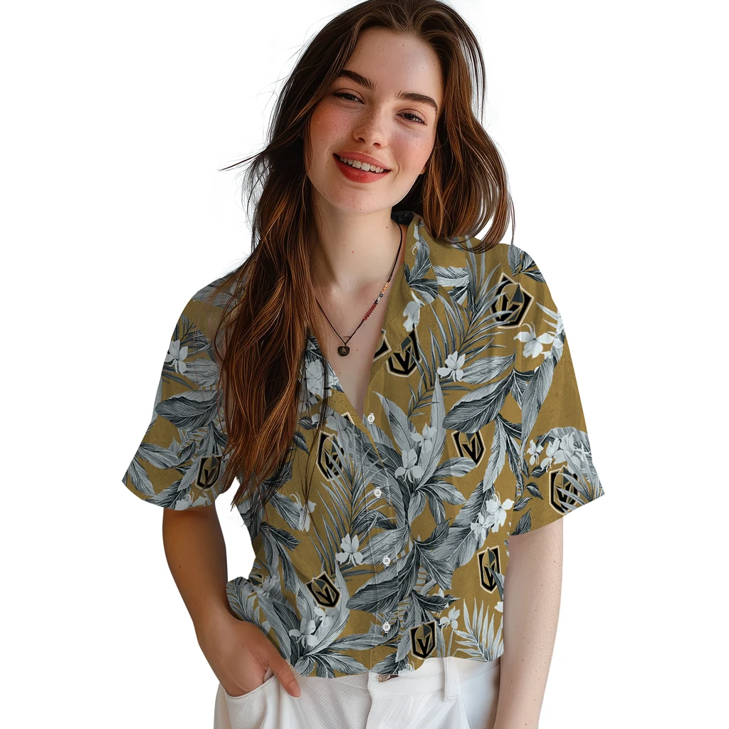 Vegas Golden Knights Hawaiian Shirt - Palm Leaves vegas golden knights palm leaves tan hawaiian shirts latest model
