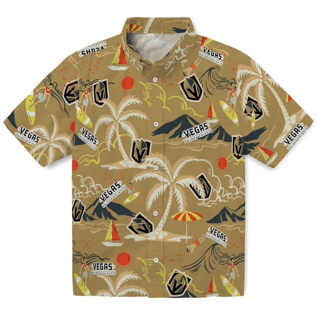 Vegas Golden Knights Hawaiian Shirt - Palm Tree Island vegas golden knights palm tree island tan hawaiian shirts best selling