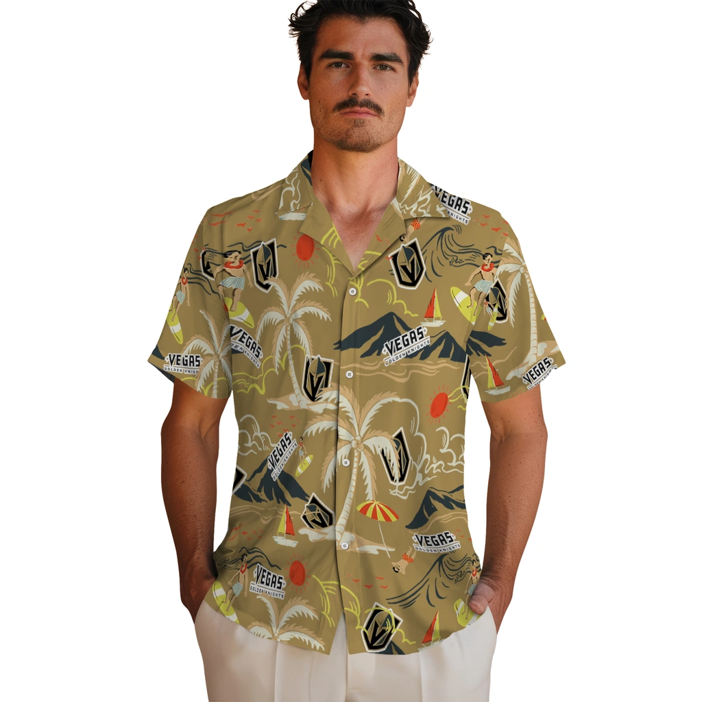 Vegas Golden Knights Hawaiian Shirt - Palm Tree Island vegas golden knights palm tree island tan hawaiian shirts fashion forward
