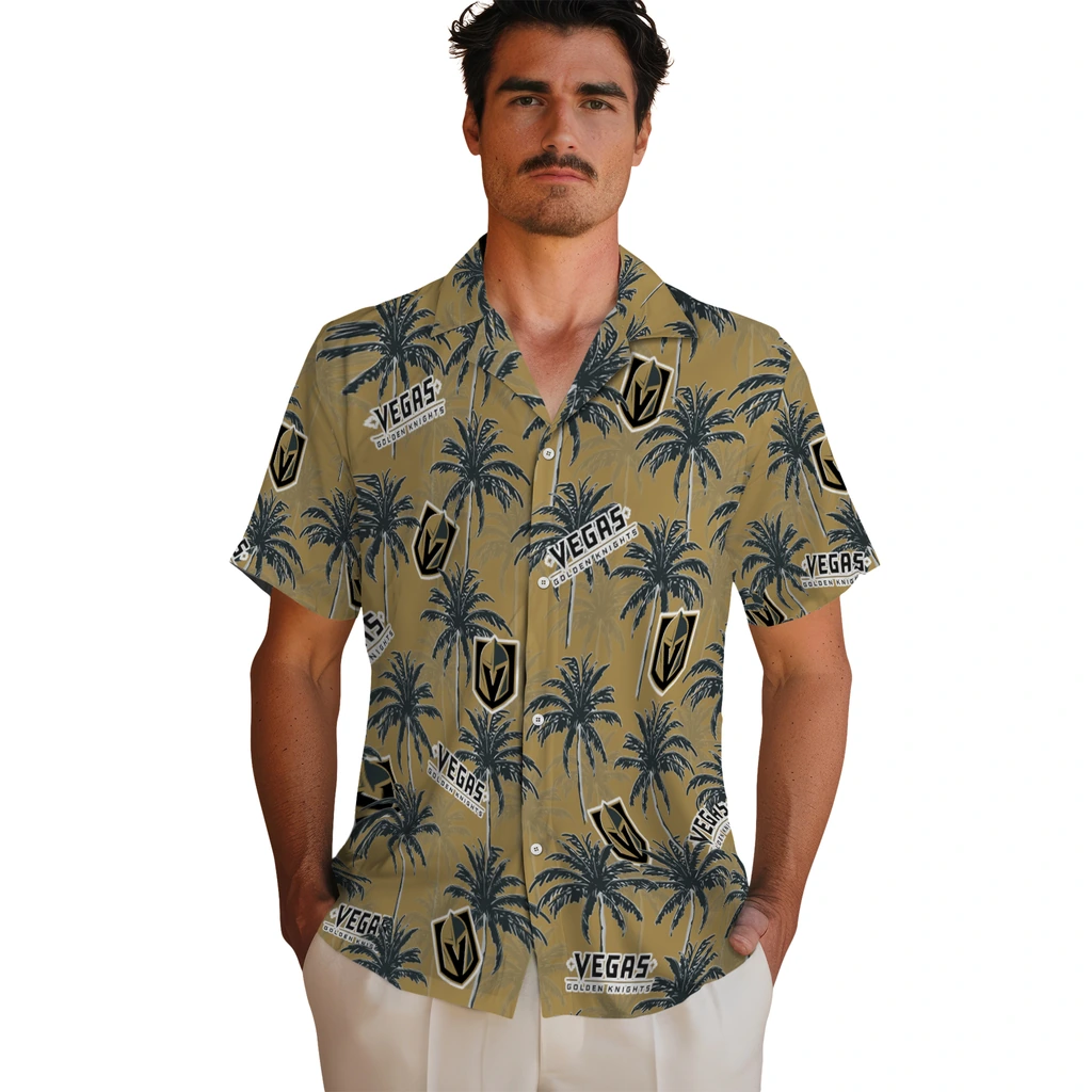 Vegas Golden Knights Hawaiian Shirt - Palm Tree Motif vegas golden knights palm grove tan hawaiian shirts fashion forward