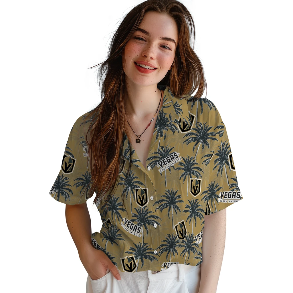 Vegas Golden Knights Hawaiian Shirt - Palm Tree Motif vegas golden knights palm grove tan hawaiian shirts latest model