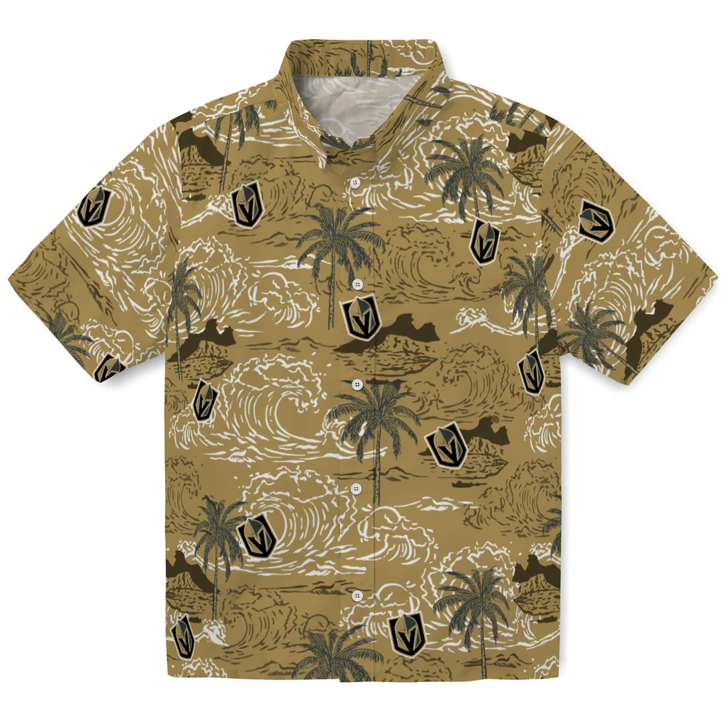 Vegas Golden Knights Hawaiian Shirt - Wave Palm vegas golden knights wave palm tan hawaiian shirts best selling