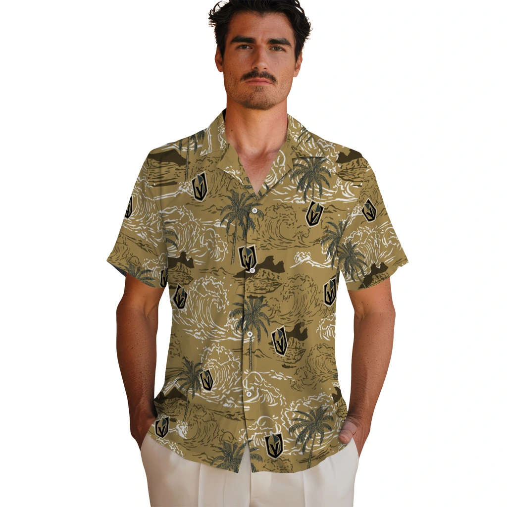 Vegas Golden Knights Hawaiian Shirt - Wave Palm vegas golden knights wave palm tan hawaiian shirts fashion forward