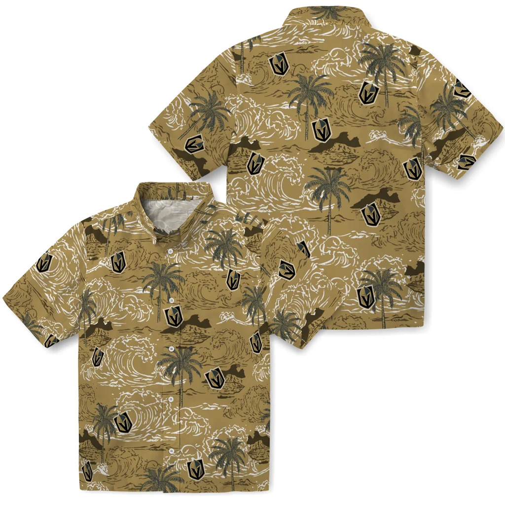 Vegas Golden Knights Hawaiian Shirt - Wave Palm vegas golden knights wave palm tan hawaiian shirts high quality