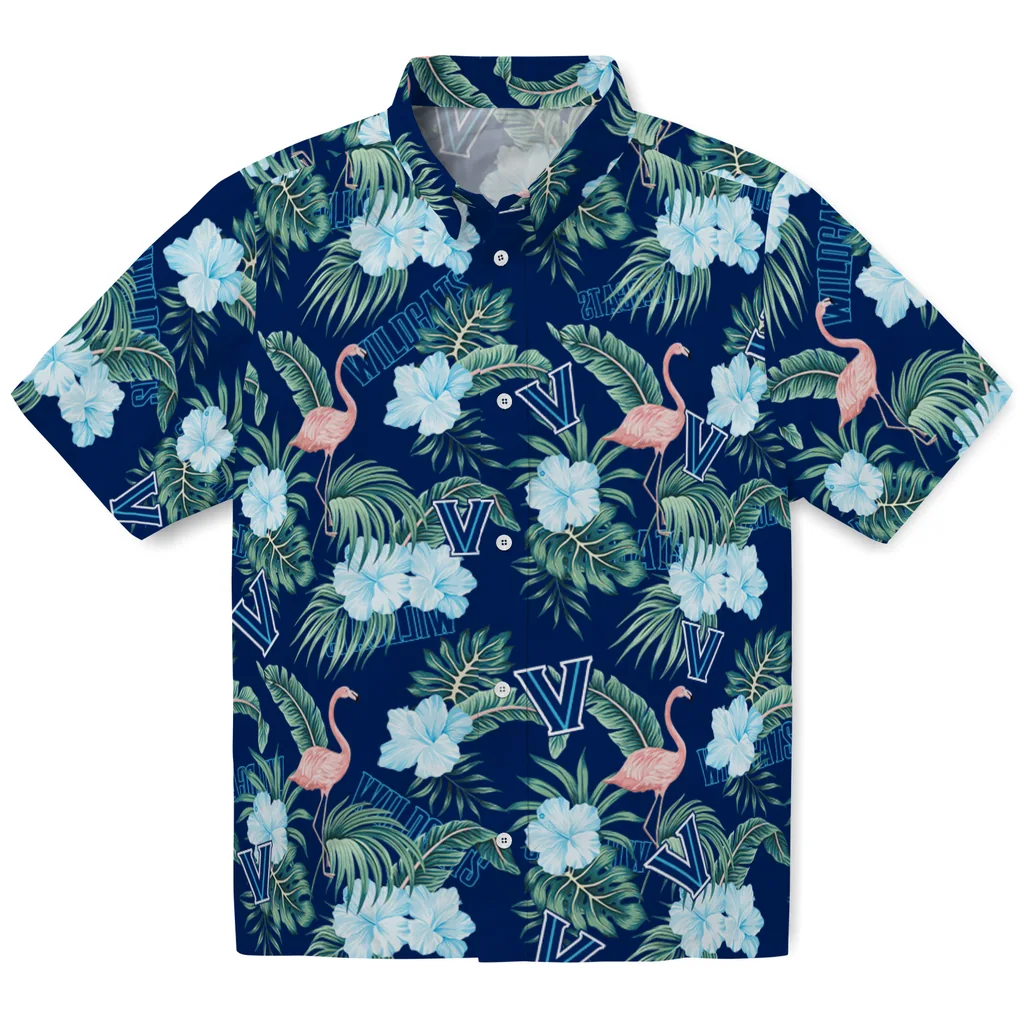 Villanova Wildcats Hawaiian Shirt - Flamingo and Hibiscus villanova wildcats flamingo palms navy hawaiian shirts best selling