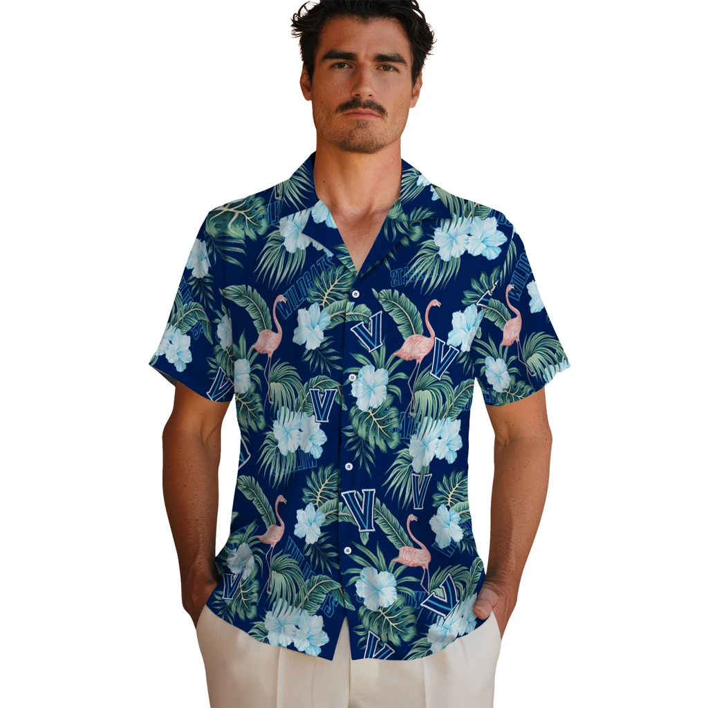Villanova Wildcats Hawaiian Shirt - Flamingo and Hibiscus villanova wildcats flamingo palms navy hawaiian shirts fashion forward