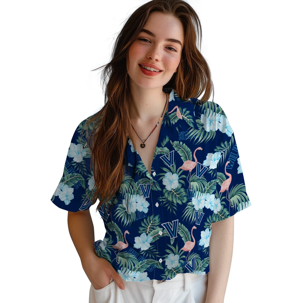 Villanova Wildcats Hawaiian Shirt - Flamingo and Hibiscus villanova wildcats flamingo palms navy hawaiian shirts latest model
