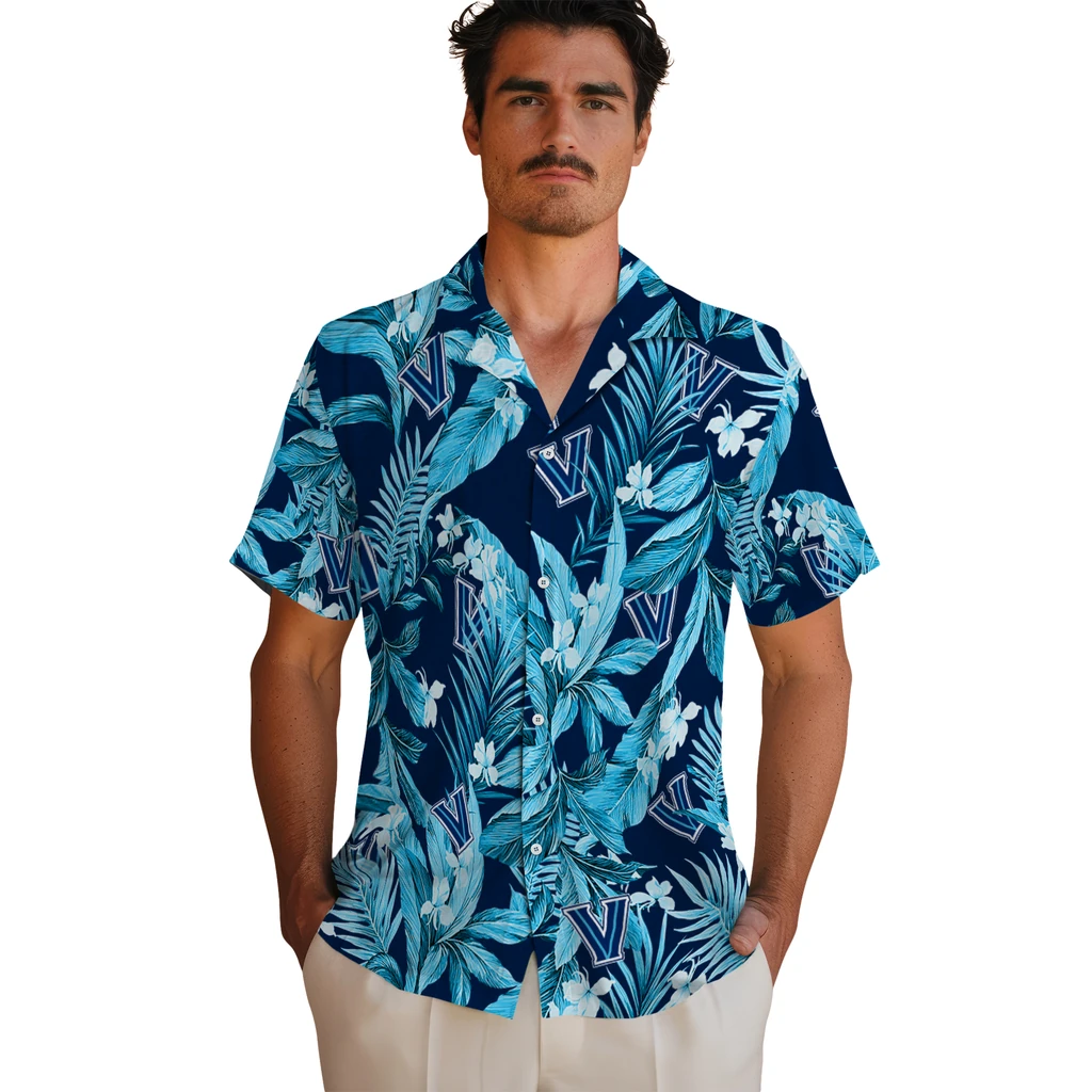 Villanova Wildcats Hawaiian Shirt - Palm Leaves villanova wildcats palm leaves navy hawaiian shirts fashion forward