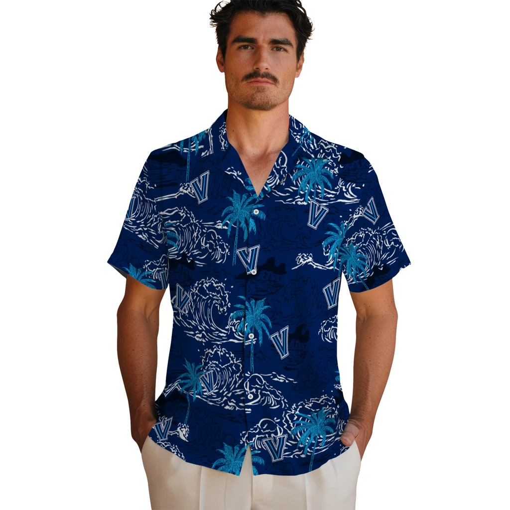 Villanova Wildcats Hawaiian Shirt - Wave Palm villanova wildcats wave palm navy hawaiian shirts fashion forward