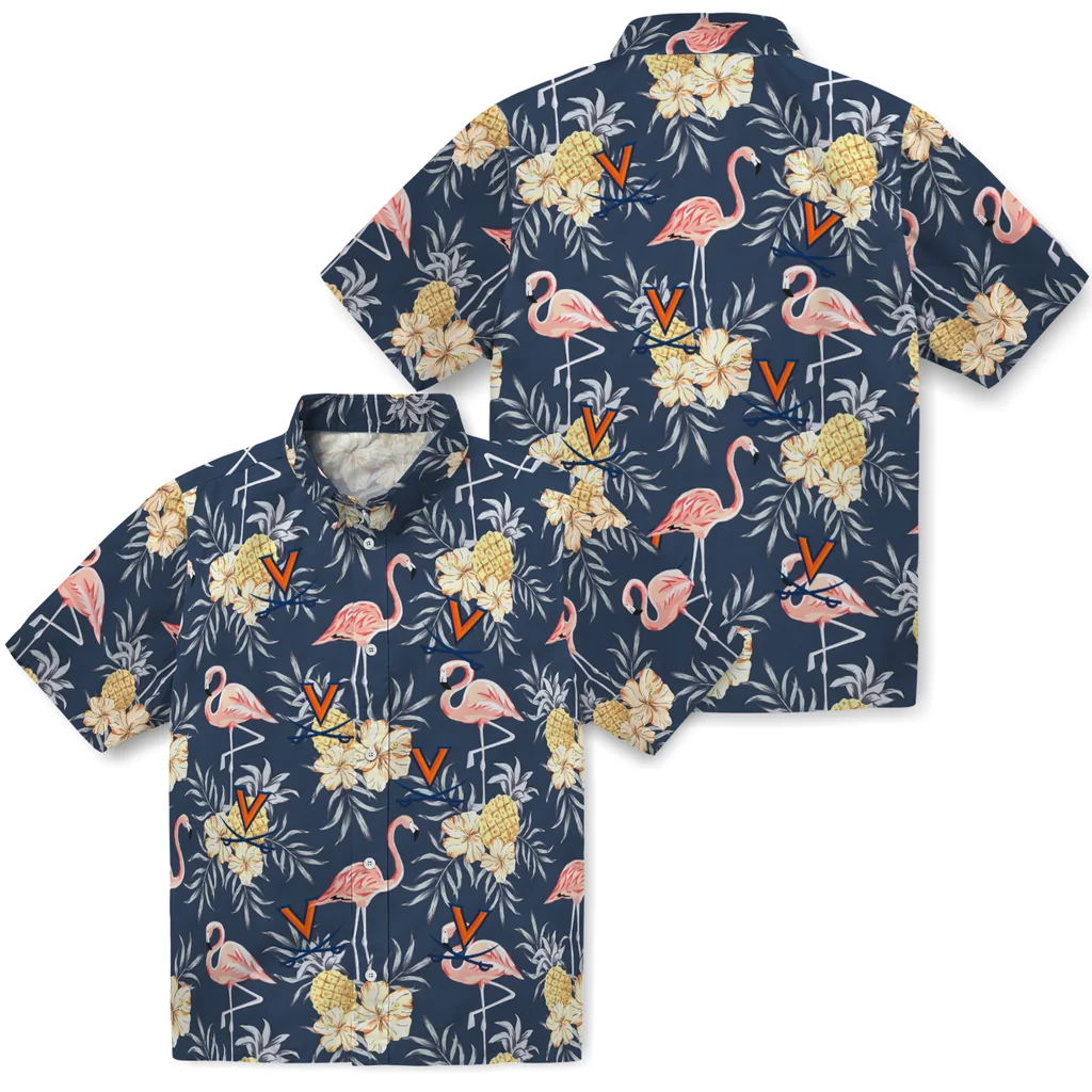 Virginia Cavaliers Hawaiian Shirt - Flamingo Hibiscus virginia cavaliers flamingo hibiscus navy hawaiian shirts high quality