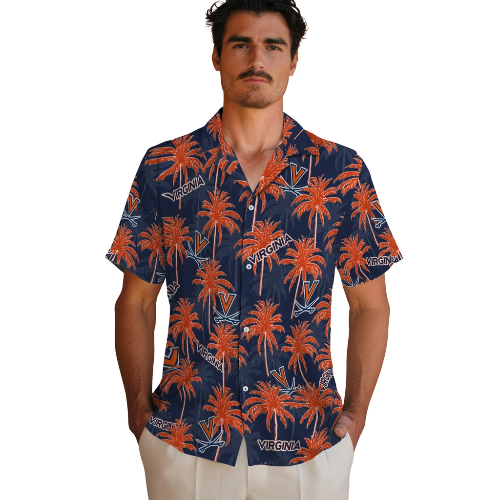 Virginia Cavaliers Hawaiian Shirt - Palm Tree Motif virginia cavaliers palm grove blue hawaiian shirts fashion forward