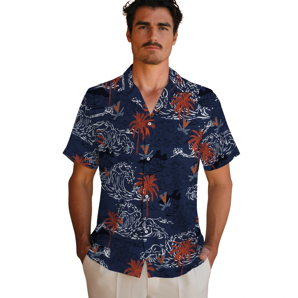 Virginia Cavaliers Hawaiian Shirt - Wave Palm virginia cavaliers wave palm blue hawaiian shirts fashion forward