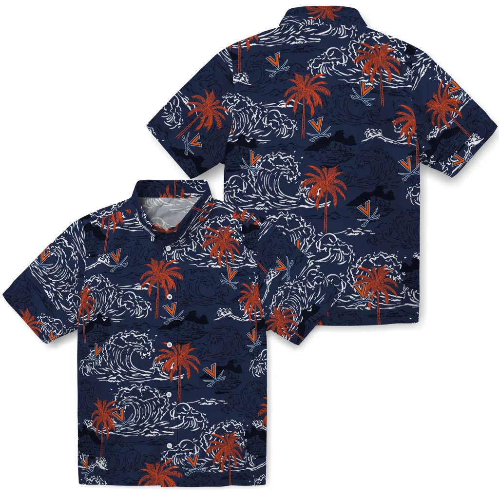 Virginia Cavaliers Hawaiian Shirt - Wave Palm virginia cavaliers wave palm blue hawaiian shirts high quality