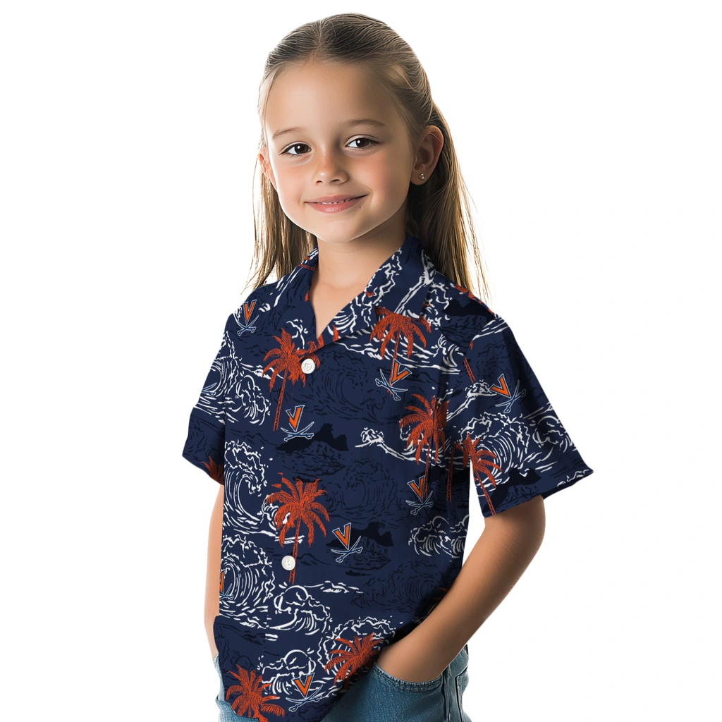 Virginia Cavaliers Hawaiian Shirt - Wave Palm virginia cavaliers wave palm blue hawaiian shirts premium grade
