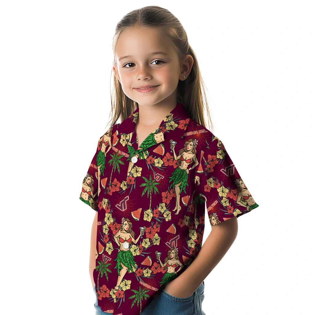Virginia Tech Hokies Hawaiian Shirt - Hawaiian Girls Design virginia tech hokies hawaiian girls design maroon hawaiian shirts premium grade