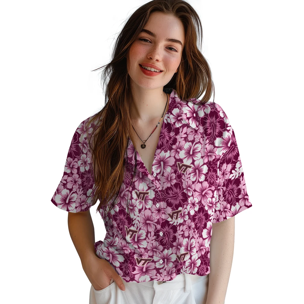 Virginia Tech Hokies Hawaiian Shirt - Hibiscus Blooms virginia tech hokies hibiscus blooms maroon hawaiian shirts latest model