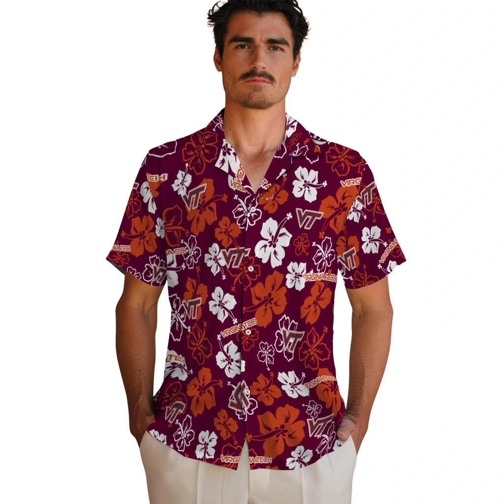 Virginia Tech Hokies Hawaiian Shirt - Hibiscus Flower Design virginia tech hokies hibiscus bloom maroon hawaiian shirts fashion forward