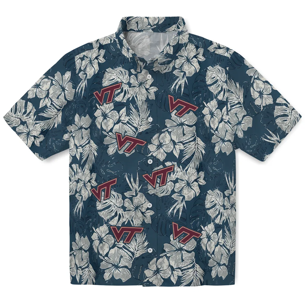 Virginia Tech Hokies Hawaiian Shirt - Hibiscus Flowers virginia tech hokies hibiscus flowers navy blue hawaiian shirts best selling