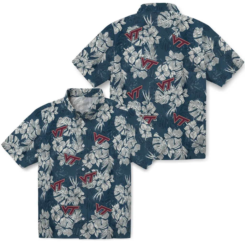 Virginia Tech Hokies Hawaiian Shirt - Hibiscus Flowers virginia tech hokies hibiscus flowers navy blue hawaiian shirts high quality