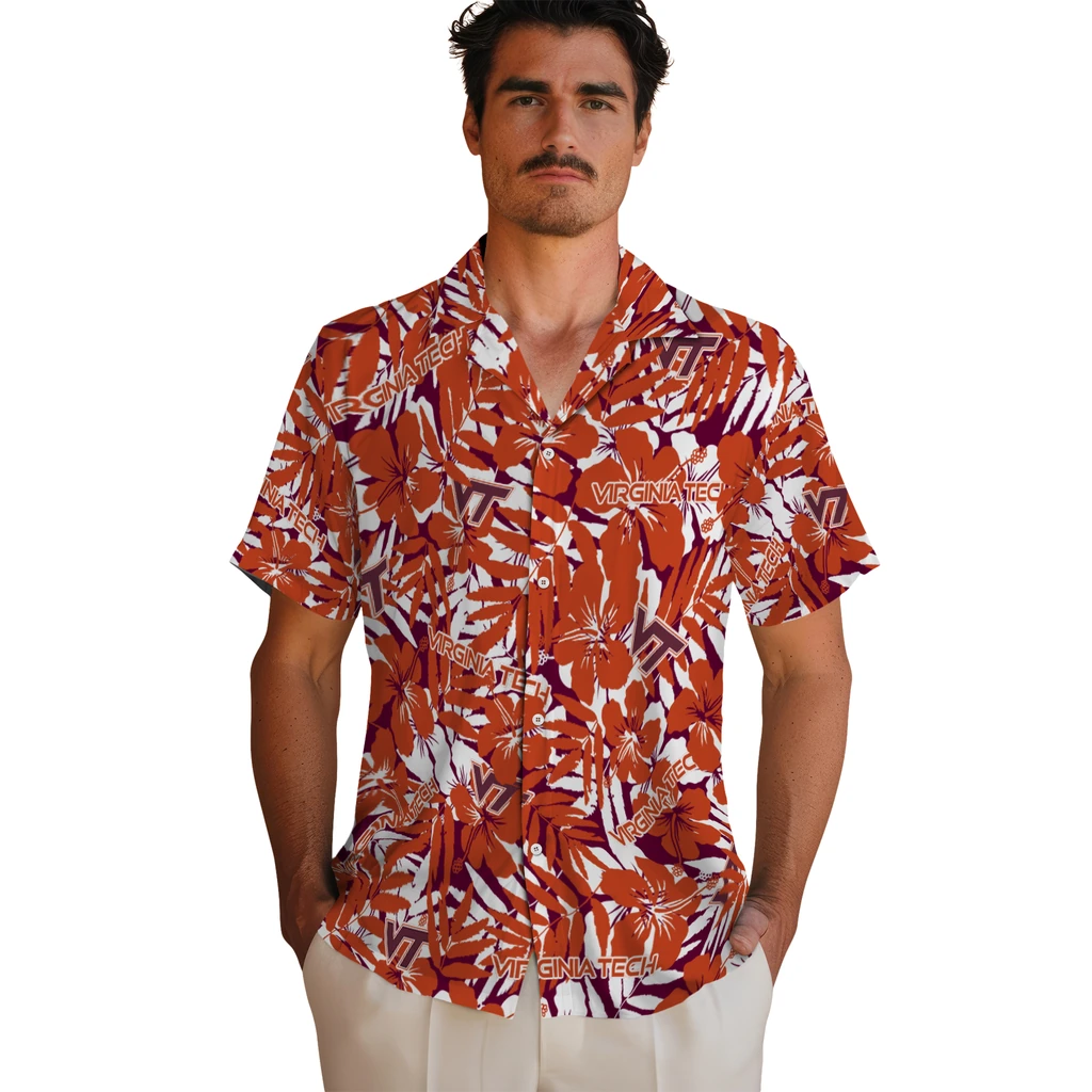 Virginia Tech Hokies Hawaiian Shirt - Hibiscus Overlay virginia tech hokies hibiscus overlay hawaiian shirts fashion forward